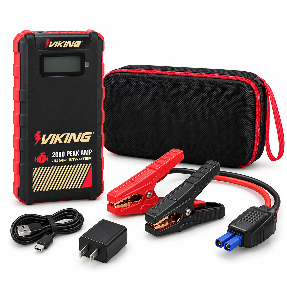 VIKING 2000 Peak Amp jump starter with carrying case, battery clamps, USB cable and charger