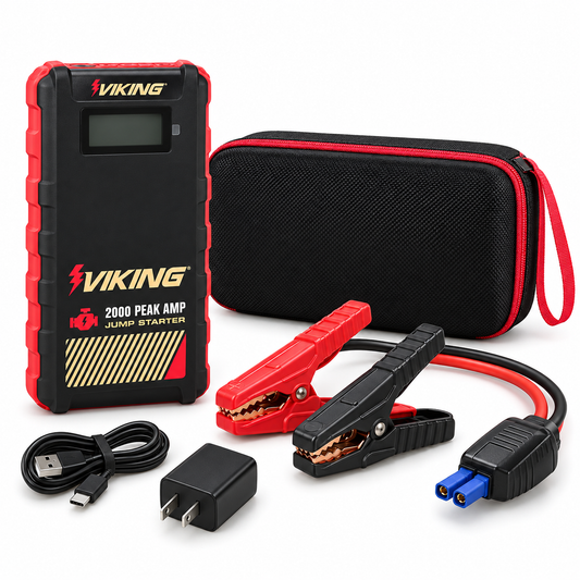 VIKING 2000 Peak Amp jump starter with carrying case, battery clamps, USB cable and charger