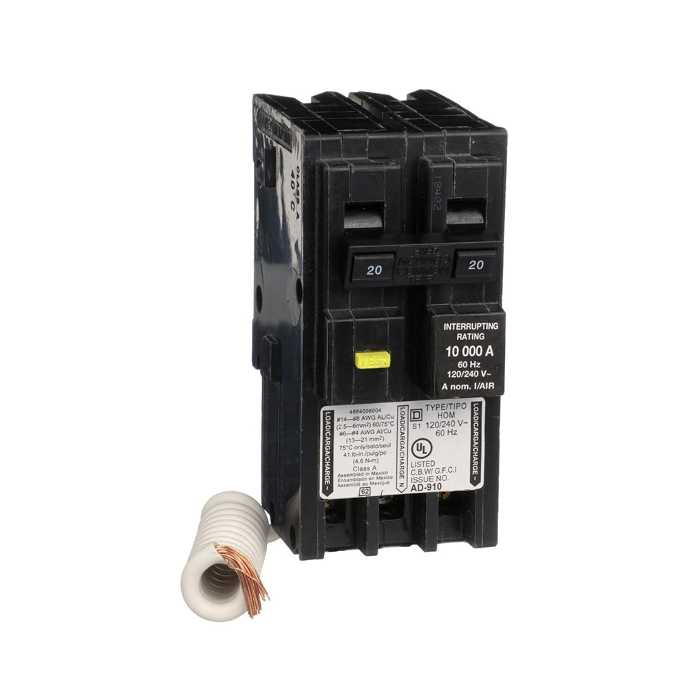 Square D HOM220GFIC Homeline Circuit Breaker, 20-Amp, 120/240V, 2-Pole, GFCI, Plug-In Mount